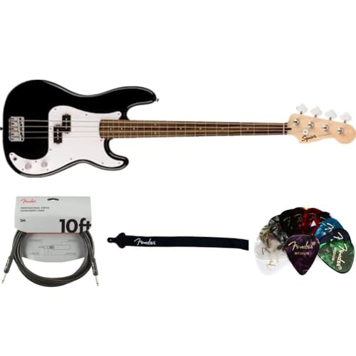 Fender Squier Sonic Precision Bass Guitar Black Bundle with Fender Classic Guitar Picks 12-Pack, 10ft Series Instrument Cable Black, Logo Guitar Strap 2in with White