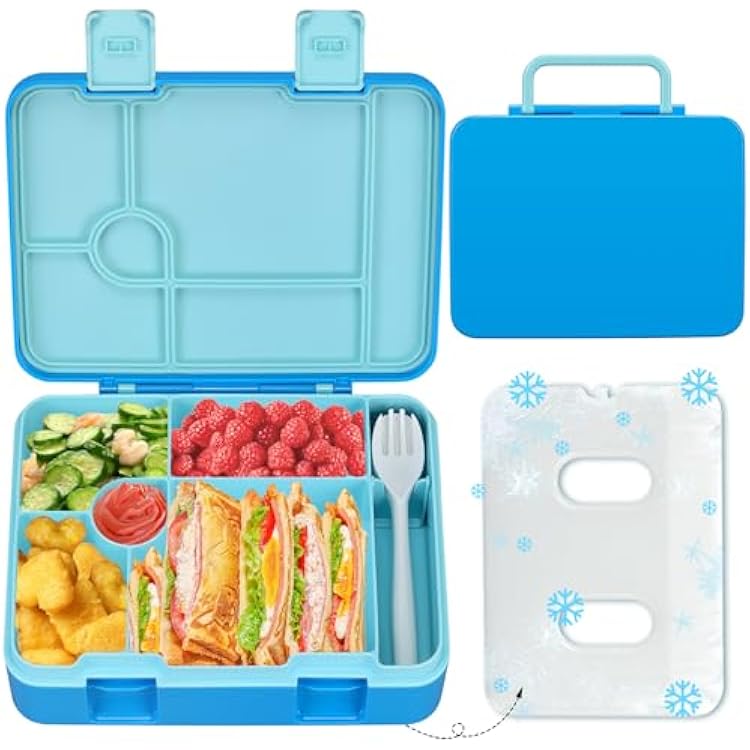 Kids Bento Lunch Box with Ice Pack, 5 Compartments Leak-Proof Bento Box with Utensils, 5.5-Cup Capacity for Adults & Ages 8, BPA Free, Microwave & Dishwasher Safe, Blue