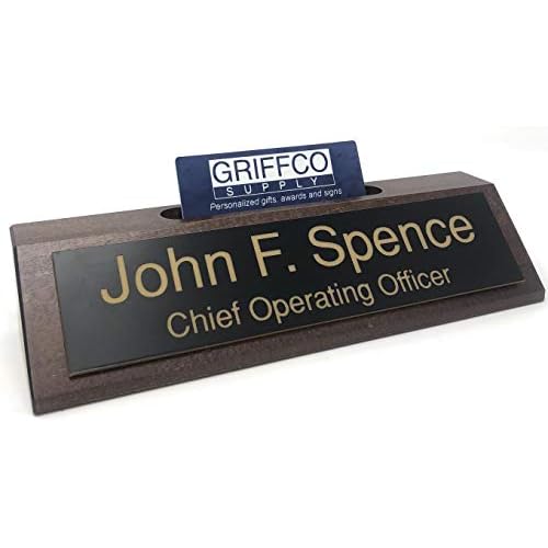 Personalized Business Desk Name Plate with Card Holder - Made in America Walnut wBlack - Matte Gold Text