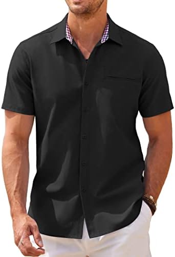 COOFANDY Mens Short Sleeve Oxford Dress Shirt Chambray Button Down Work Shirt Casual Plaid Collar Shirts