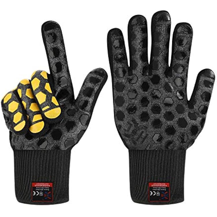 J H Heat Resistant Oven Glove:EN407 Certified 932 F, 2 Layers Silicone Coating, Oven Mitts for Cooking, Kitchen, Fireplace,Camping, Grilling BlackYellow, Regular Cuff