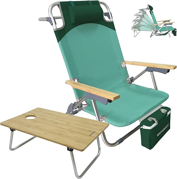 Folding Backpack Beach Chair for Adults & Teens Aluminum 5-Position Lay Flat Lounge Chair with Camping Bamboo Table 200LBS Beach Reclining Chair Outdoor with Cooler Bag Green