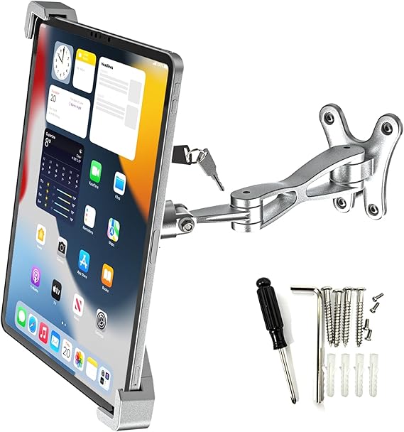 Anti Theft Wall Mount for Tablet, Kiosk Counter Retail Security Stand, Adjustable Aluminum Arm - Wall Holder with Lock & Key Fit iPad Pro 13 11, Air, Galaxy Tabs, Surface Pro, 9-14" Tablets