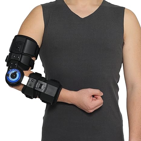 Orthomen Hinged ROM Elbow Brace Stabilizer, Adjustable Post OP Arm Support Splint for Surgery Recovery, Fracture & Dislocation, 10-15 Incremental Control, Universal Fit Men and Women (Right)