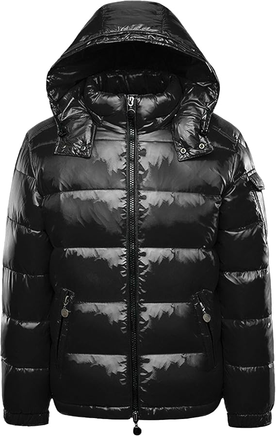 DGHM-JLMY Men's Hooded Padded Glossy Down Jacket Winter Detachable Collar Puffer Jacket Thick Warm Metallic Hood Padded Coats (Black,Large)