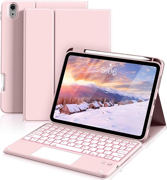 for iPad (A16) 11th 10th Generation Case with Keyboard, 7-Colors Backlit, Folio Cover with Pencil Holder, Multi-Touch Trackpad, Detachable Keyboard for iPad 11/10.9-inch 2025/2022 (Baby Pink)