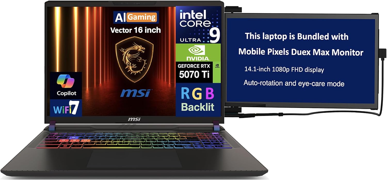 MSI Vector AI Gaming Laptop 16.0 240Hz WQXGA Display Intel Ultra 9-275HX, GeForce RTX 5070 Ti 12GB, 32GB DDR5, 2x8TB PCIe SSD 16TB, RGB KB, Win 11 Pro wDuex Max DS Monitor