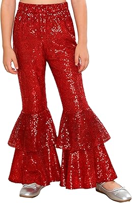 Girls Glitter Flare Leggings Pants Kids Ruffled Yoga Disco Dance Bell Bottoms