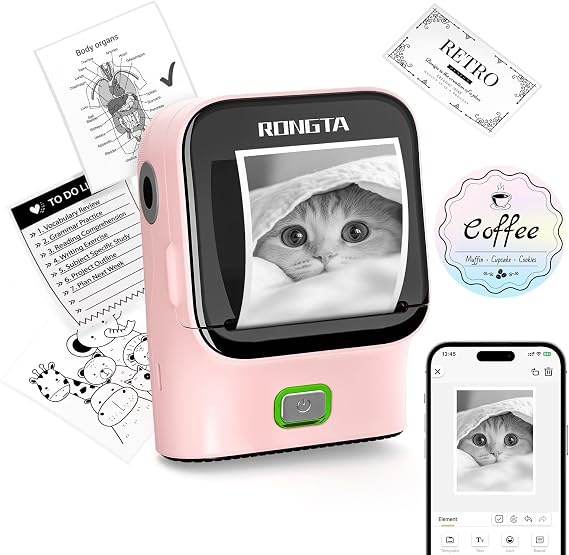 Rongta Mini Sticker Printer, Bluetooth Thermal Label Printer, Portable Inkless Label Maker Suitable for Creative Kids DIY, Diaries, Study Notes, Pink