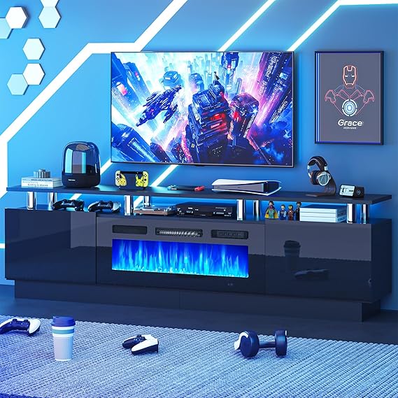 70" Fireplace TV Stand, Farmhouse Entertainment Center for TVs Up to 80 with Fireplace&Remote/APP Control, TV Console with Storage Cabinets for Living Room, Black TV Stand&Black Fireplace