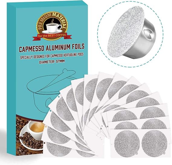 CAPMESSO Reusable Vertuoline Pod Foil Lids, for CAPMESSO Vertuline Capsules Aluminum seals Reusable Coffee Pod Stainless Steel Espresso Refillable Vertuoline Capsule Foil Lids(100pcs/57MM in diameter)