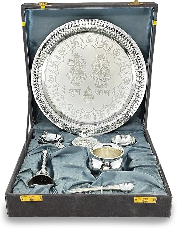 Pooja Thali Set Silver Plated with Grey Gift Box Designed 22 cm Puja Plate Kalash Bowl Ghanti Spoon Dhup Dan Diya for Home Office Diwali Wedding Return Gift Items