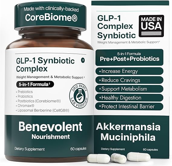 Benevolent Glp-1 Support | 5-in-1 Synbiotic with Akkermansia, MetSyn, Chromax & Liposomal Berberine | Natural GLP 1 Probiotics Supplement for Weight Management & Metabolic Balance, 60 Ct