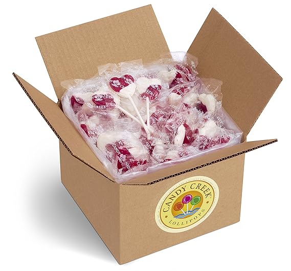 Heart Lollipops by Candy Creek, Bulk 5 lb. Carton, Strawberry Cream Wedding Favor Candy- nut free